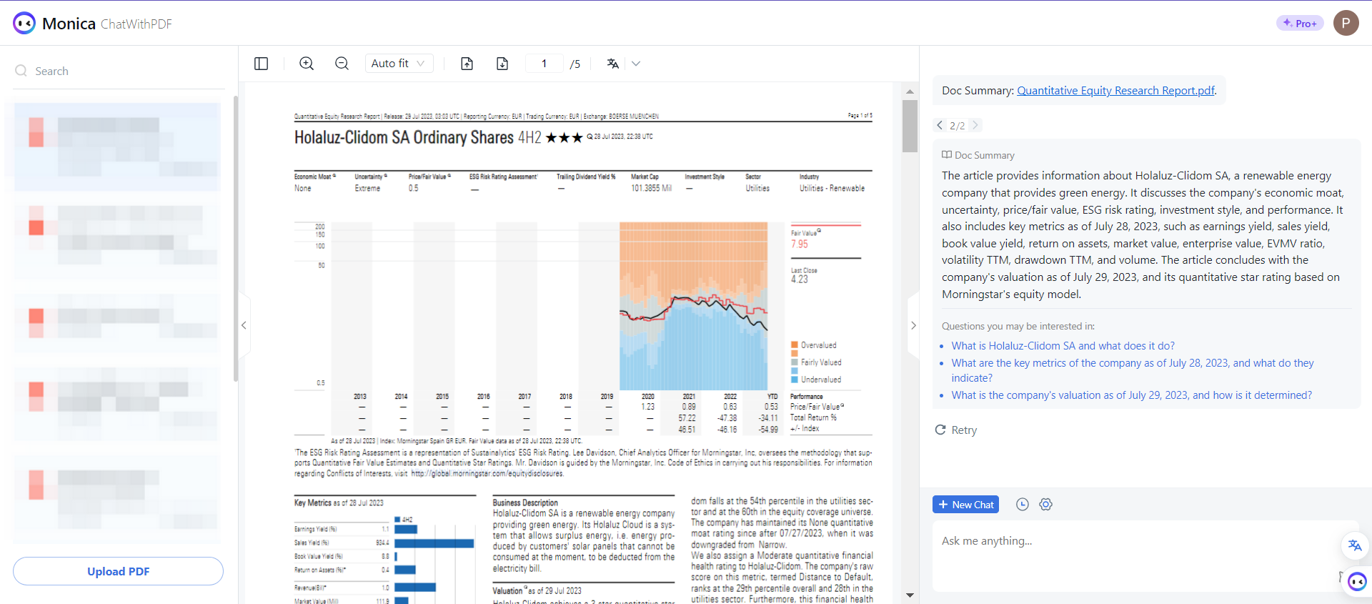 You can upload the PDF file in Monica and get the key content of the PDF, and even translate the whole file.