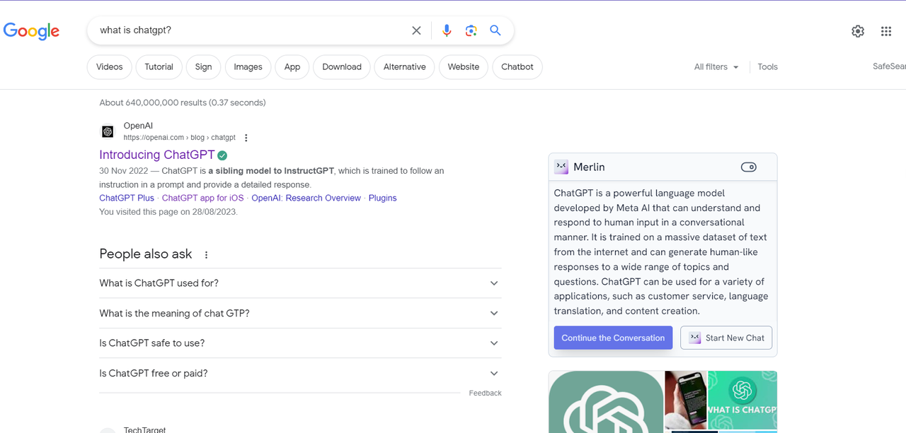 Similar to ChatGPT for Google and Monica, Merlin can also help you with supplementary searches on the side of the search engine.