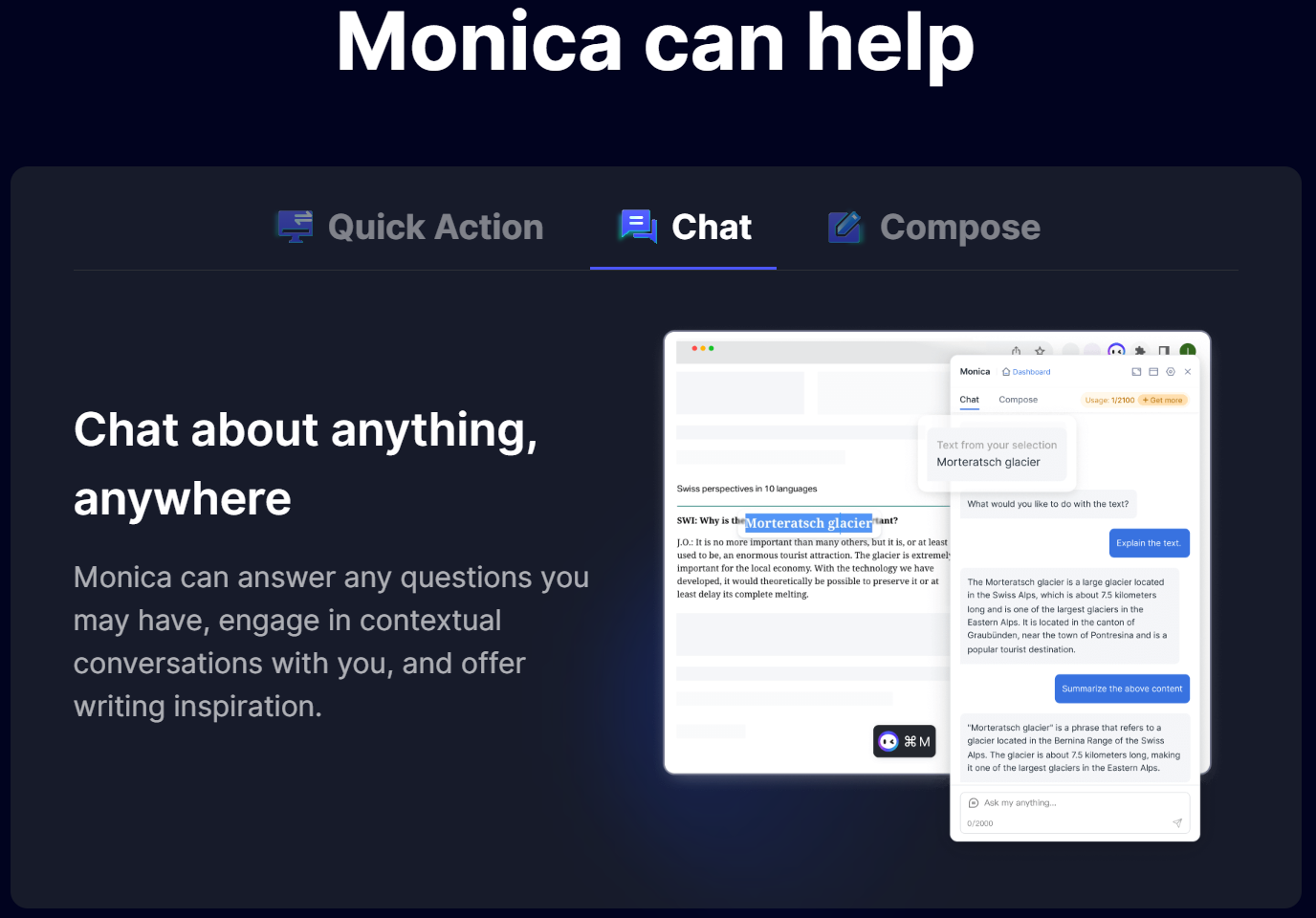 This is a screenshot showing the many ways Monica can assist you